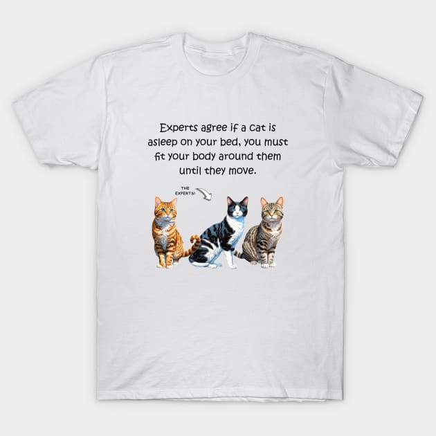 Experts agree if a cat is asleep on your bed, you must fit your body around them until they move - funny watercolour cat design T-Shirt by DawnDesignsWordArt